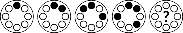 5 circles, each with 8 white dots in a circle. #1 has black dots at 1. #2 at 1, 2. #3 at 1, 3, 8. #4 at 1, 2, 4, 7. #5 at ?