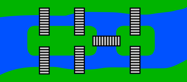 Two islands, one bridge joining. One also has two N, two S. The other also has one N, one S.